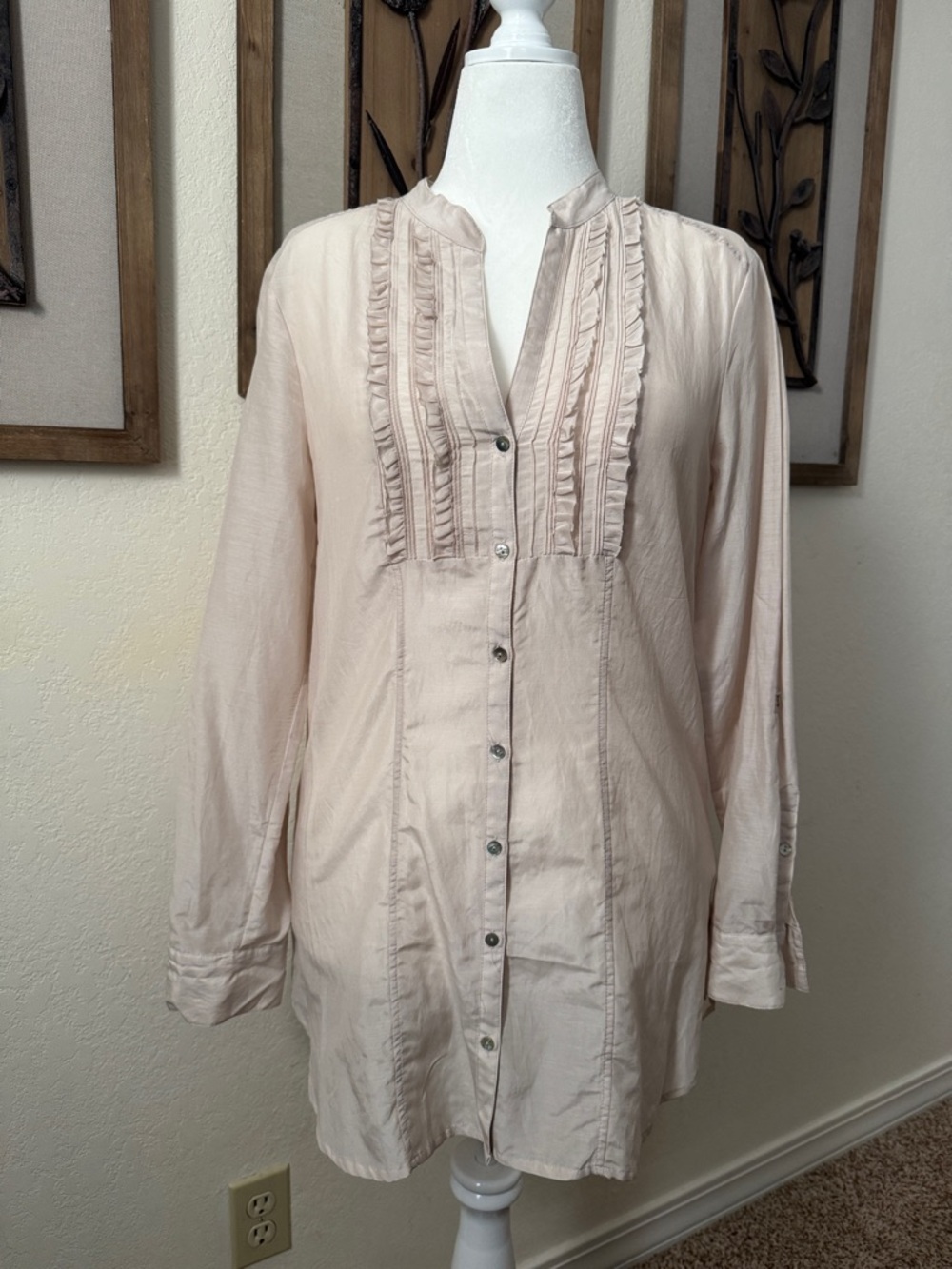 Women’s Light Pink Sheer Satin Ruffle-Front Button Tunic Top